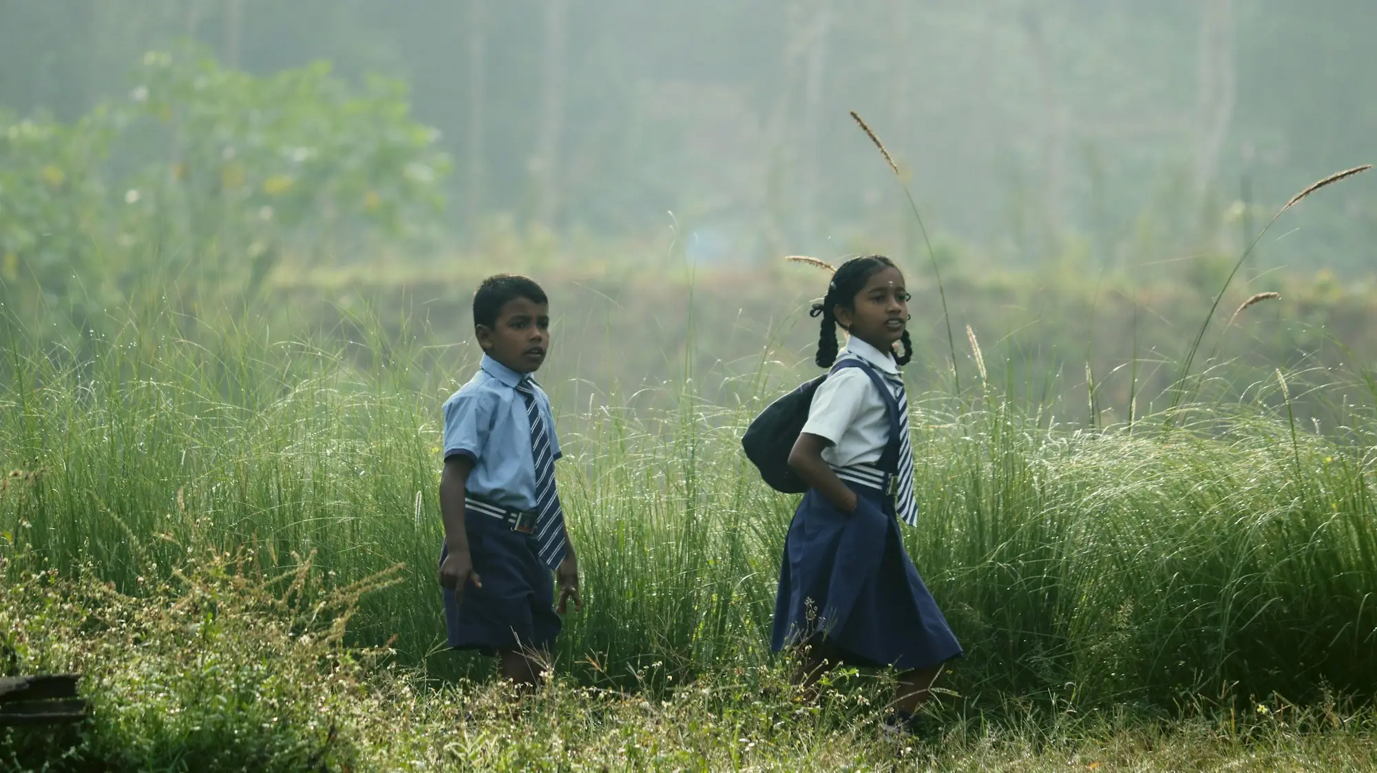 Two children in school uniform walking to school along a path through long grass