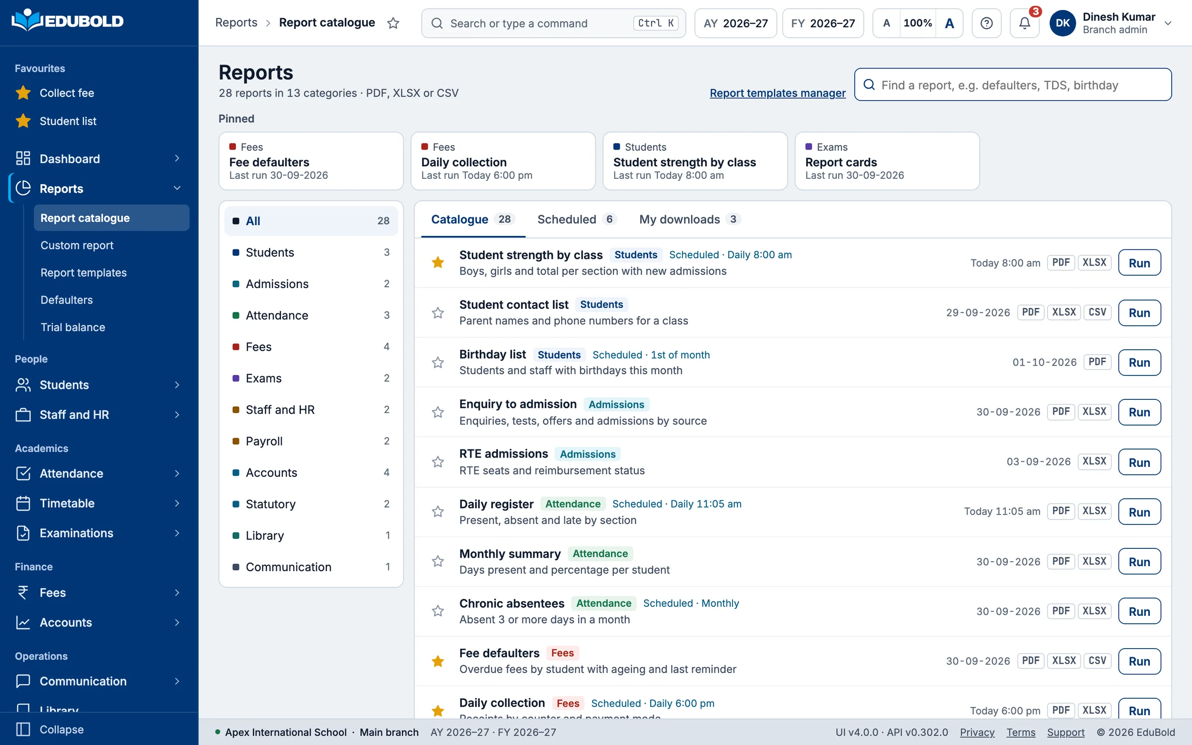 The report catalogue: reports grouped by area, each one run as PDF, spreadsheet or CSV