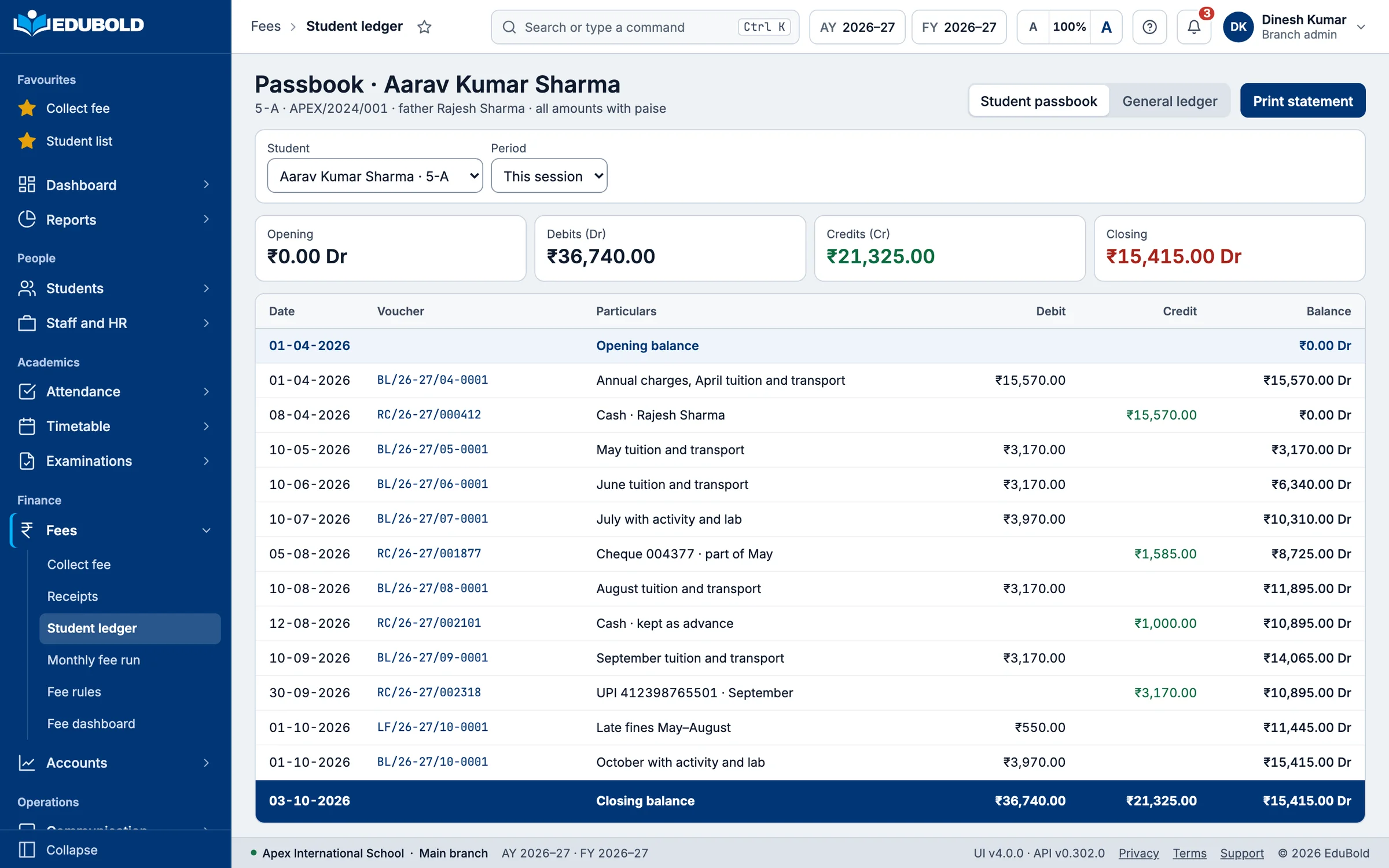 A student’s fee passbook: every charge, payment and concession in date order with a running balance