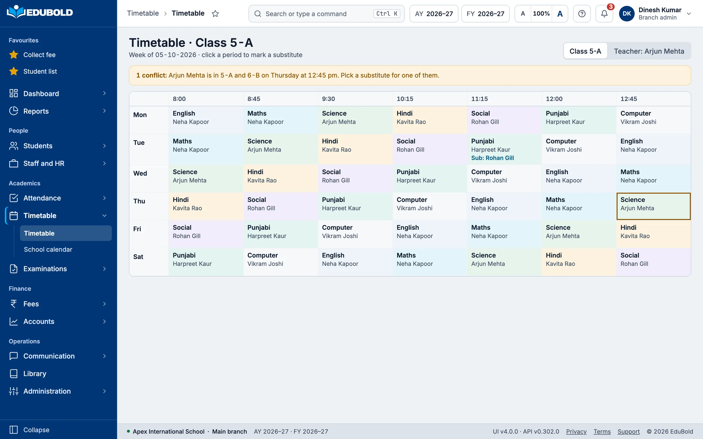 A week’s timetable for one class, with a teacher clash flagged for a substitute